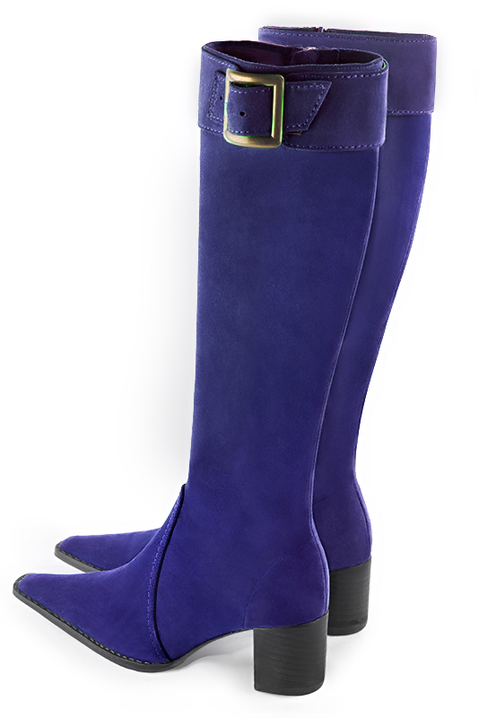 Violet purple women's feminine knee-high boots. Tapered toe. Medium block heels. Made to measure. Rear view - Florence KOOIJMAN